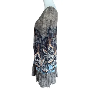 Boho Mixed Paisley Floral Print Ruffle Hem Tunic Top Black Blue Tan Tie Neck‎ thumbnail 6