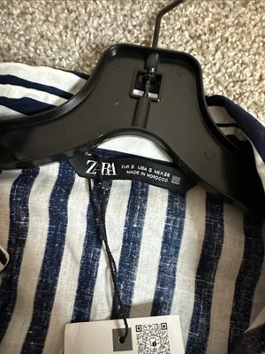 Zara Striped Linen Blend Button-Front Midi Dress Waist Tie - Navy & White thumbnail 7