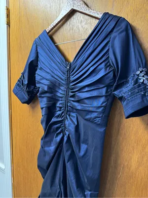 Tadashi Shoji Side Ruched Jeweled Beaded Long Maxi Gown Dress Navy Blue 8 thumbnail 10