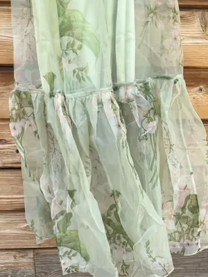 CAARA Melody Size M Green Floral Tie Neck Ruffle Hem Gown Dress Few Moda thumbnail 8