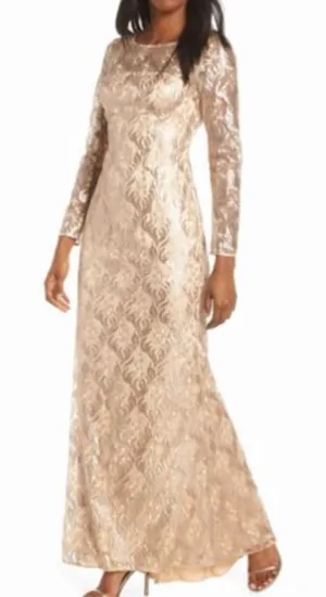 Eliza J Champagne Sequin Lace Long Sleeve Formal Gown Size 14 Evening thumbnail 1