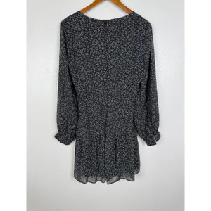 Lulus Black Floral Long Sleeve Mini Dress V-Neck Ruffle DAE24978DL Size M NEW thumbnail 2