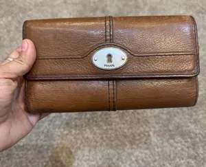 Fossil Brown Leather Continental Wallet Turn Lock Zip Coin Pocket‎ Trifold thumbnail 1