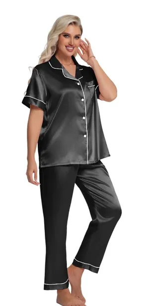 Women's Satin look/ feel Pajama Set - Black with White Piping thumbnail 1