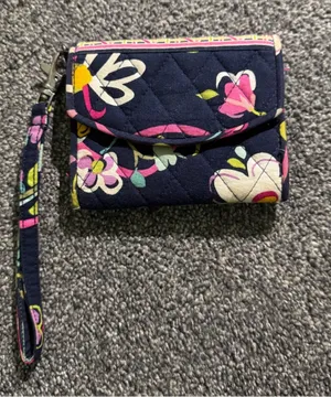 Vera Bradley blue with pink flowers trifold wallet thumbnail 1