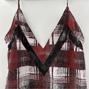 Lovers + Friends Plaid Camisole‎ Tank Top Women's Size Large Lace Trim V-Neck thumbnail 4