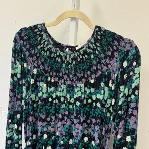 LOFT Floral Smocked Long Sleeve Flowy Mini Dress with Tie Black Green Purple Med thumbnail 3