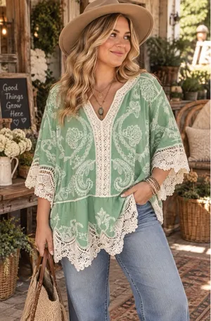 Democracy Green Embroidered Crochet Lace Boho Tunic Top Blouse Size 2X Festival thumbnail 1