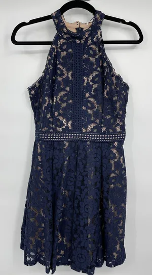 Blu Pepper Womens A-Line Flared Dress Crochet Lace Overlay Blue Medium NEW thumbnail 1