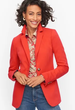 Talbots Red Orange Textured knit Blazer Gold Black Crest Buttons Size 14 Preppy thumbnail 1