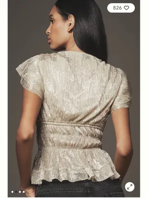 Anthropologie Smocked Metallic Gold Short-Sleeve Top thumbnail 3