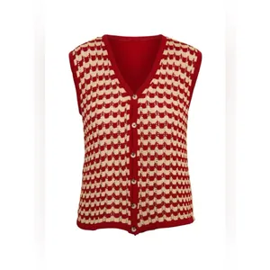 Source Unknown Damson Madder crochet sleeveless cardigan top red and ivory checkered pattern thumbnail 10