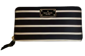Kate Spade New York Black White Striped Zip Around Wallet Continental Purse thumbnail 1