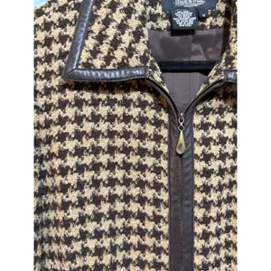 Peck & Peck Houndstooth Wool‎ Blend Zip Jacket Brown Tan Faux Leather Trim Sz 12 thumbnail 11