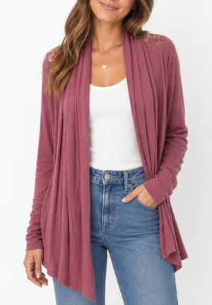 Always Indigo Mauve Lace Back Open Front Draped Cardigan Womens Large thumbnail 1