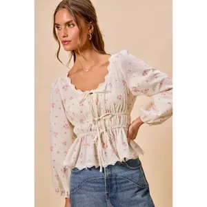 SO ME Floral Clip Dot Lace Trim Ruched Bodice Blouse - White - Medium thumbnail 9