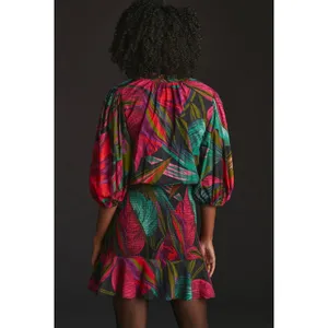 Farm Rio Tropical Palm‎ Leaf Smocked Puff Sleeve Mini Dress XL Vacation Resort thumbnail 10