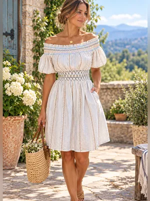 Miss Patina 100% Cotton Embroidered Smocked Off Shoulder Dress Size Small thumbnail 11
