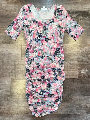 Motherhood Maternity Knee Length Floral Pink Blue Dress Small Stretchy Summer thumbnail 1