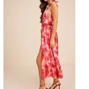 NEW Lulus Sweet Like Sangria Pink Floral Ruffled Bustier Tie Midi Dress Small thumbnail 3