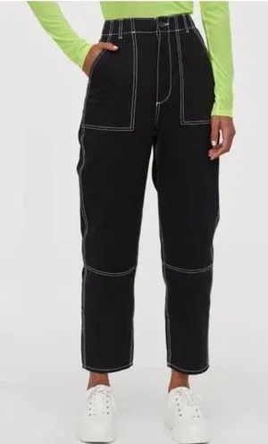 Divided H&M Women's Size 8 Contrast Stitch Baggy Fit Carpenter Jeans Black White thumbnail 1