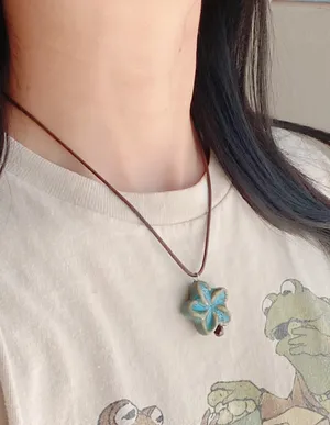 Handmade chunky big ceramic flower boho fairy cottage necklace🩵 thumbnail 5