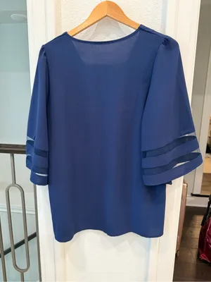 Blue V-Neck Blouse Mesh Inset Bell Sleeves Size Large thumbnail 3
