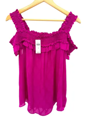 Anthropologie Pink Smocked Ruffle Off Shoulder Top Size M‎ NEW Brunch Whimsical thumbnail 1