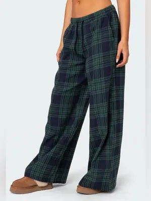 Edikted Lounge Around Plaid Wide Leg Pants Navy Blue Green Small thumbnail 3