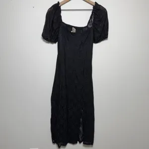 H&M Women Whimsigoth Vamp Babydoll Dress Small Black Lace Square‎ Neck Midi Slit thumbnail 2