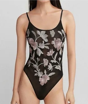 Express Black Sheer Bodysuit Pink Floral Embroidery Party Medium Going Out thumbnail 1
