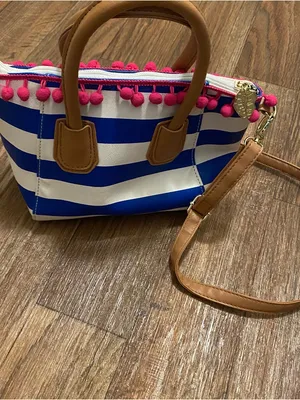Luv Betsey Johnson Nautical Mini Tote Bag Purse Blue White Stripes Pink Pom 7x10 thumbnail 6
