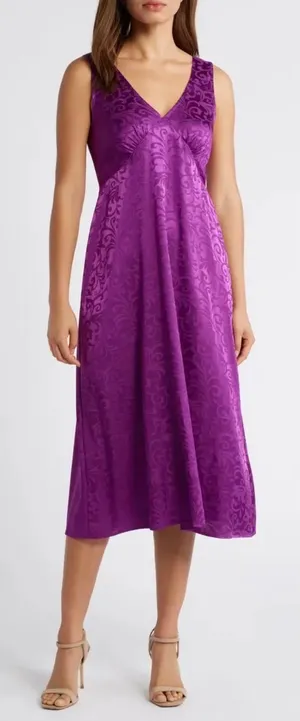 Connected‎ Apparel Purple Damask Jacquard V-Neck Midi Dress Size 4 NEW thumbnail 1
