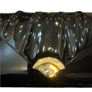 Vintage 80s Black Patent Leather Handbag Pleated Design Gold Shell‎ Closure thumbnail 2