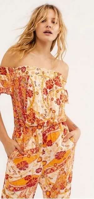 NWT Free People Carmen Jumpsuit Off Shoulder Floral Wide Leg Size Small Bohemian thumbnail 1