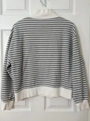 J.Crew Striped 1/4 Zip Sweatshirt Gray White Fleece Nautical Preppy Cozy Size M thumbnail 3