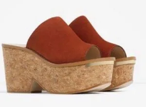 ZARA Burnt Orange Suede Platform Cork Sandals thumbnail 2