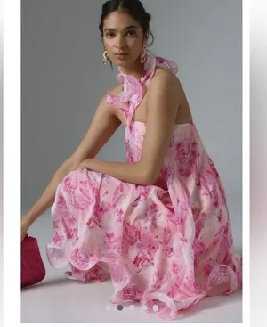 Anthropologie mini pink dress tie neck size small thumbnail 2