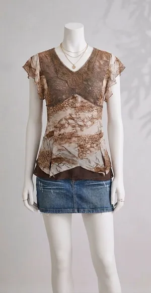 Vtg Y2K Hyukbee Rare Lace Sequin Top Brown Snake Print Babydoll thumbnail 1