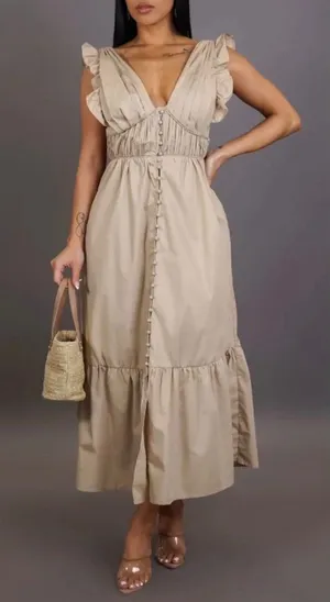 Mable Cotton Poplin Tiered Midi Dress Size Small Tan Cottagecore Milkmaid Boho thumbnail 1