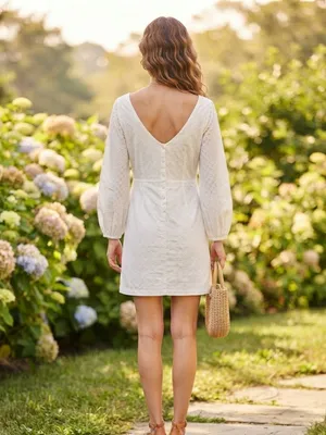 Hope & Henry 100% Organic Cotton Eyelet Lantern Sleeve V-Back Mini Dress 10 thumbnail 2