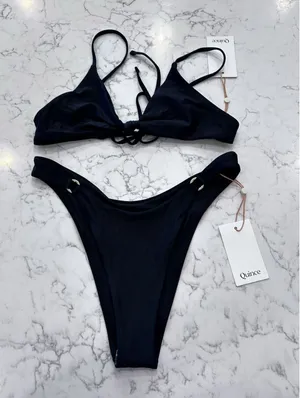 NWT Quince Black Knot Tie Bikini Top & High Leg Ring Bottoms Set Size Small thumbnail 1