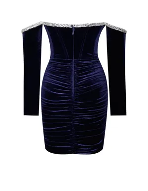 Navy Velvet Off Shoulder Corset Dress With Crystal Trim thumbnail 8
