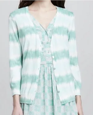 Tory Burch Theo Cardigan Mint White Shibori Tie Dye Striped L thumbnail 1