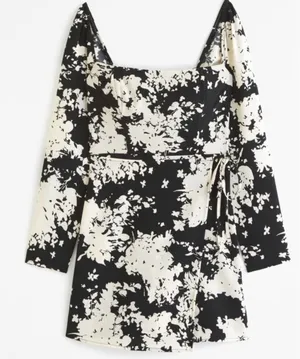 Abercrombie & Fitch NWT Long Sleeve Wrap Mini Dress Black White Floral Sz‎ Small thumbnail 1