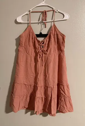 SHEIN Blush Pink Lace-Up Halter Tiered Mini Dress Size L thumbnail 1