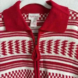 Crystal Kobe Zip Up Sweater Large Red And White Winter Warm Cardigan‎ Ski Casual thumbnail 3