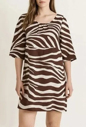 Boden 100% Linen Mini Shift‎ Dress Size 2 Brown Zebra Animal Print Safari thumbnail 1