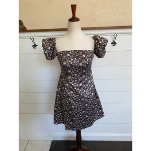 Pomelo Floral Puff Sleeve Mini Dress Black‎ Purple Square Neck Smocked Back M thumbnail 2