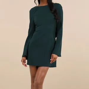 NEW Lulus Elegant Cutie Emerald Bow Bell-Style Long Sleeve Backless Mini Dress thumbnail 3